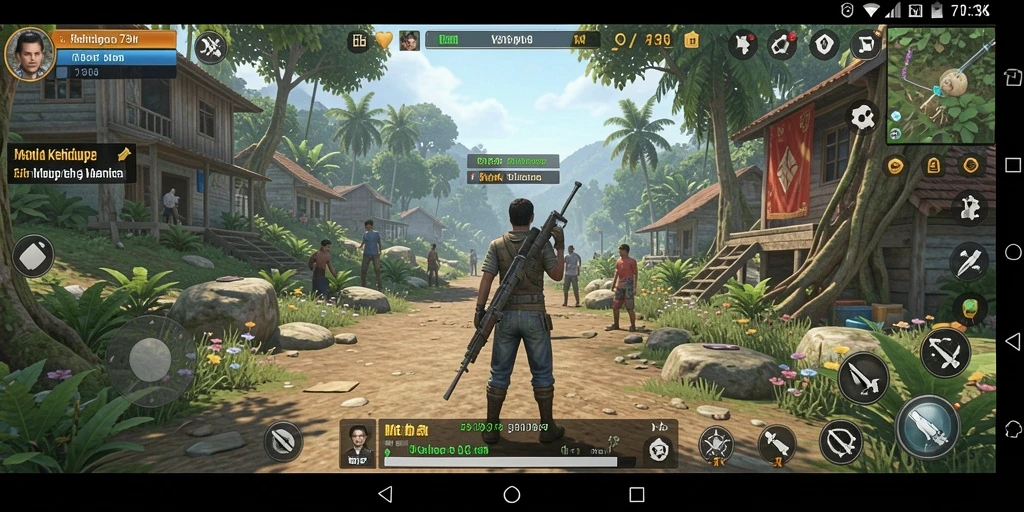Screenshot gameplay 73K menunjukkan interaksi karakter dan manajemen sumber daya.