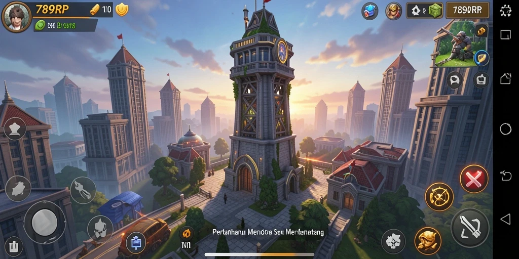 Tampilan layar gameplay 789RP yang menarik dengan menara dan musuh.