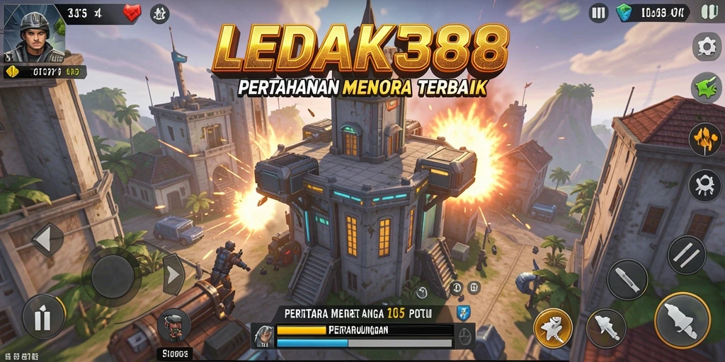 Tampilan gameplay LEDAK388 dengan menara dan musuh yang menegangkan.