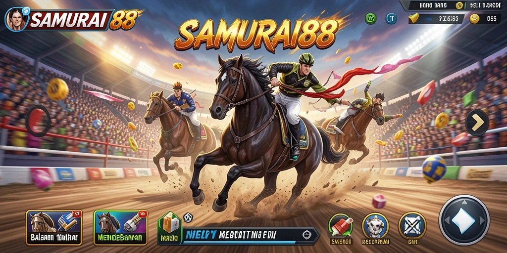 Tampilan gameplay mendebarkan SAMURAI88 dengan mobil balap yang siap berlomba.